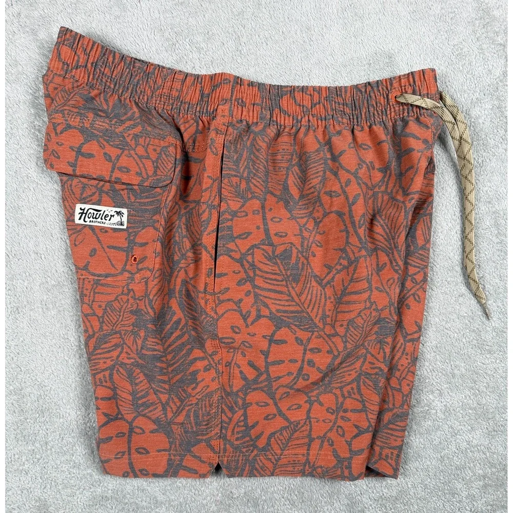 Howler Brothers Deep Set Swim Trunks Mens Large Brown Leaf 7in Board Shorts